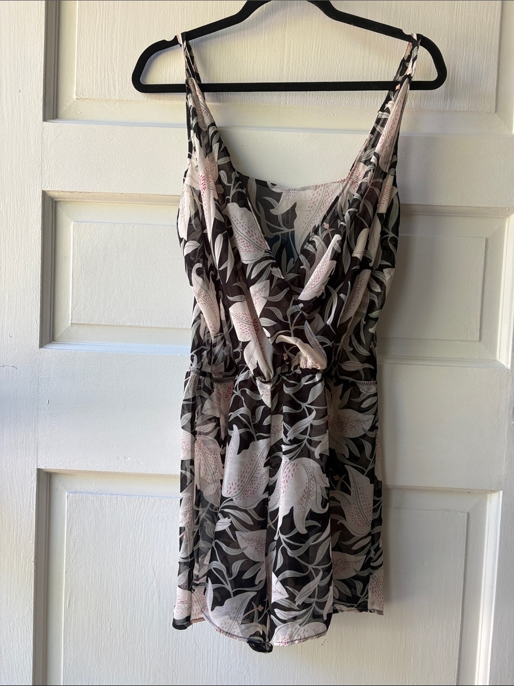 Flora Nikrooz Black, Light Pink and Green Floral Romper, Large Lingerie